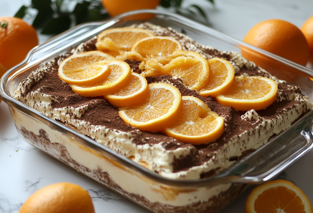 Aperol-Tiramisu in durchsichtiger Auflaufform, belegt mit Orangenscheiben.