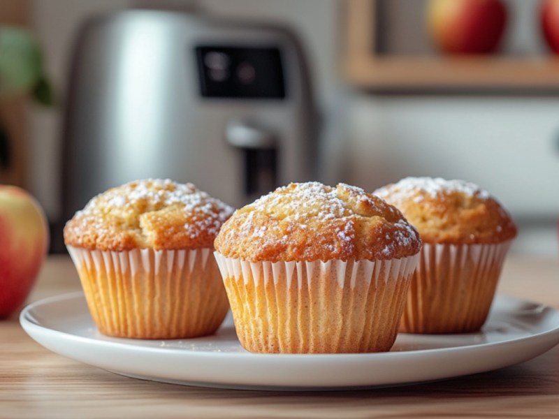 Mehrere Apfelmuffins aus der Heißluftfritteuse auf einem Teller. Im Hintergrund sind der Airfryer und frische Äpfel zu sehen.