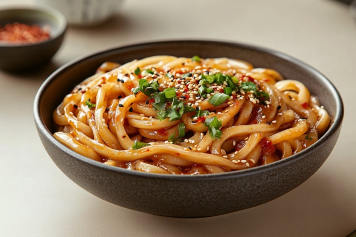 Eine SchÃ¼ssel mit asiatischen Kartoffelnudeln mit ChiliÃ¶l.