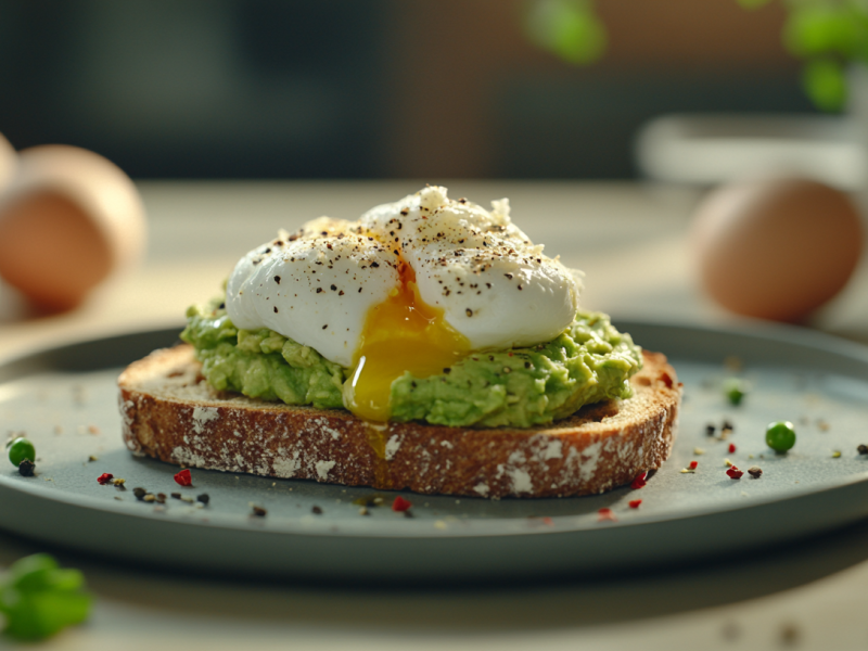 Avocado-Toast mit pochiertem Ei auf einem Teller, im Hintergrund unscharf einige Eier.