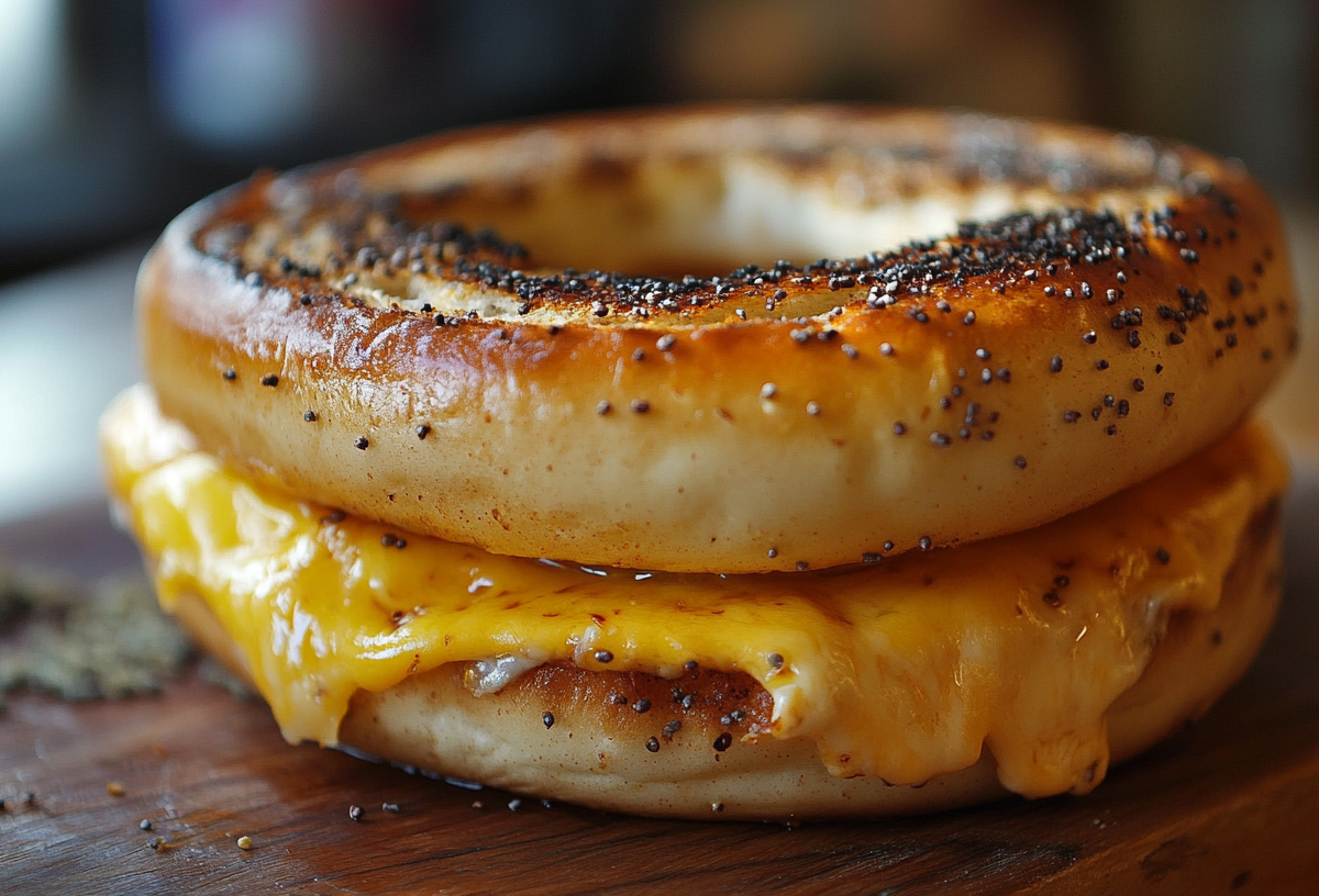 Grilled Cheese Bagel auf einem Holzbrett.