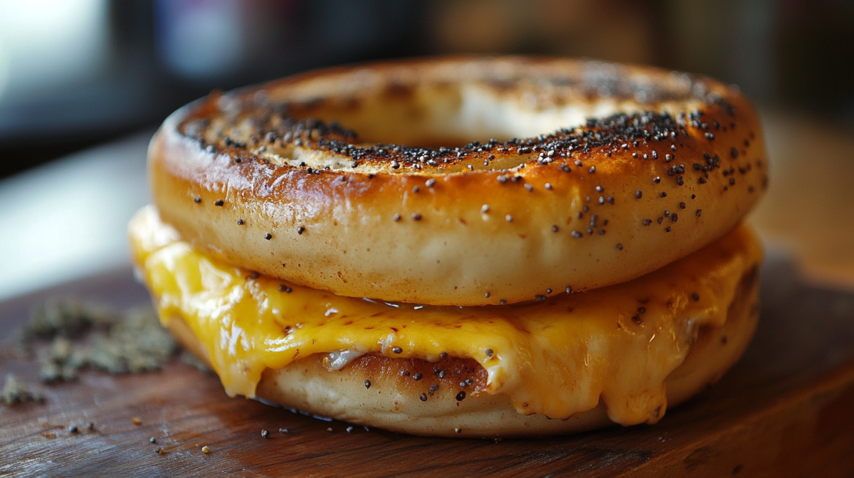 Grilled Cheese Bagel auf einem Holzbrett.