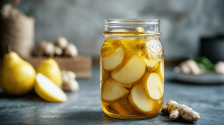 Ein Glas Birnen-Ingwer-Shrub mit den Zutaten daneben.