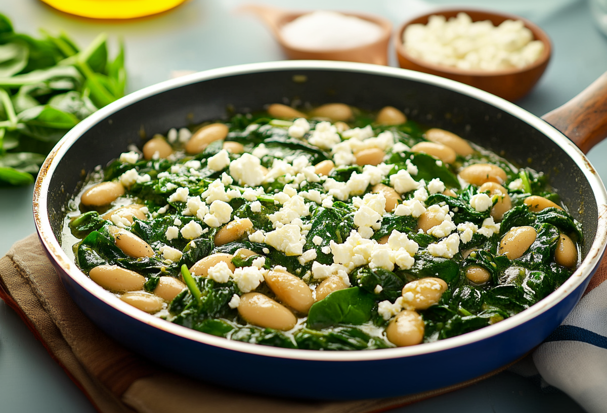 Bohnenpfanne mit Spinat und Feta. Drum herum liegen Zutaten.