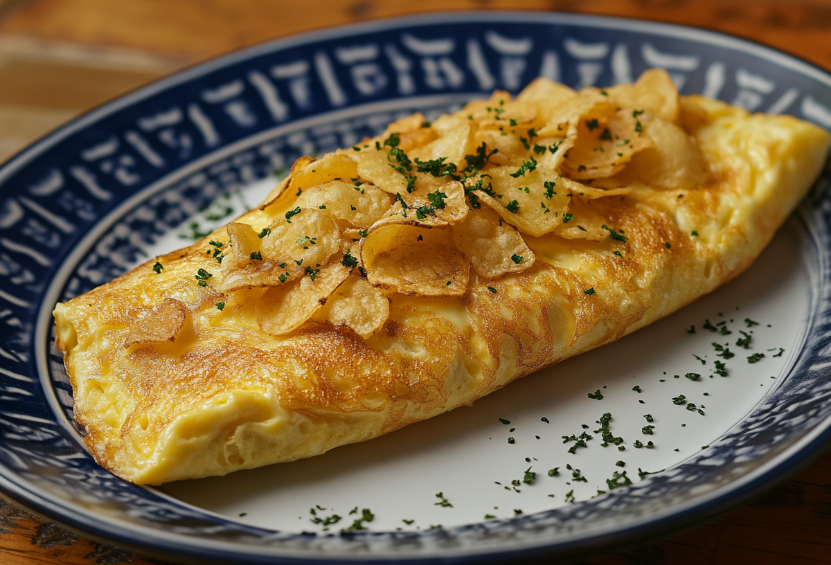 Boursin-Omelett mit Kartoffelchips auf einem blau gemusterten Teller.