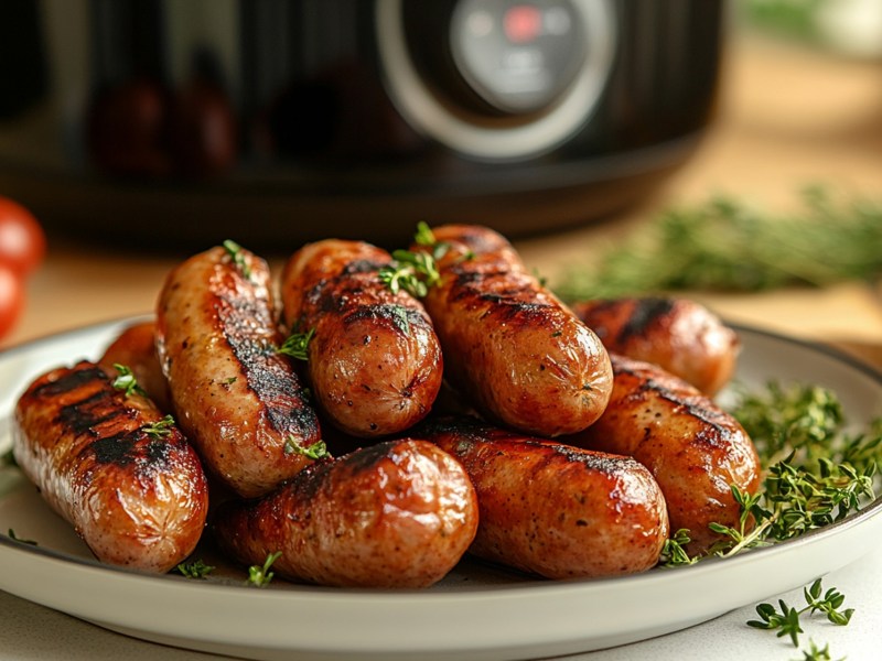 Teller mit Bratwurst aus dem Airfryer, HeiÃŸluftfritteuse im Hintergrund