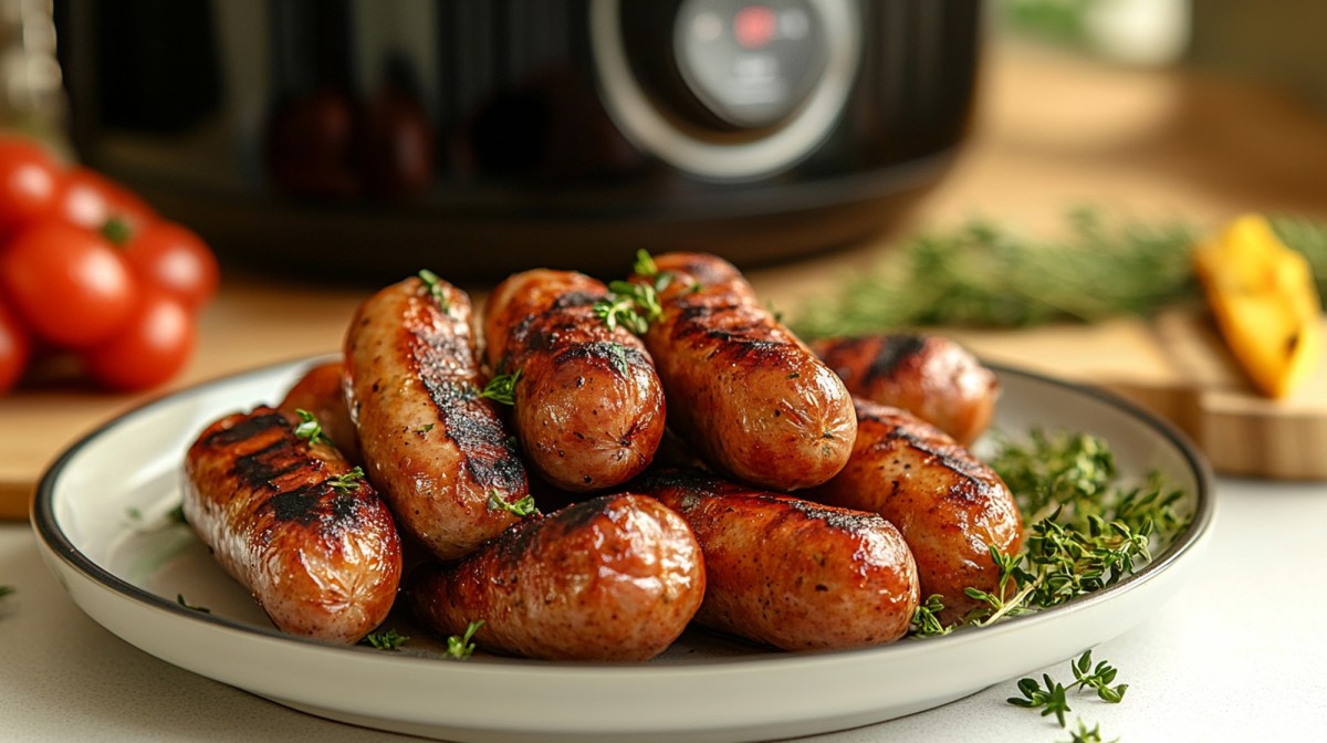 Teller mit Bratwurst aus dem Airfryer, HeiÃŸluftfritteuse im Hintergrund