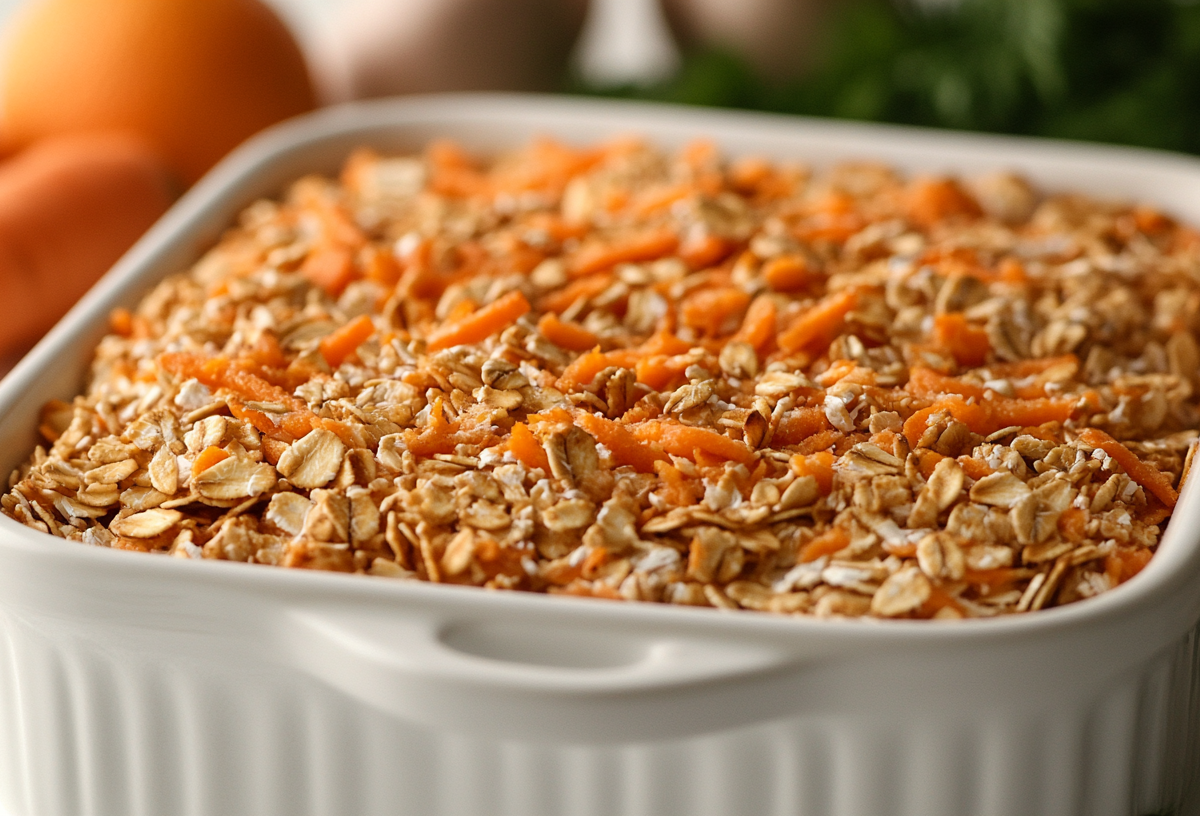 Weiße Auflaufform mit Carrot Cake Baked Oats. Im Hintergrund sind verschwommen ein paar Karotten zusehen.