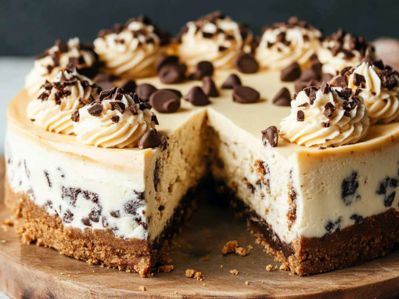 Cookie Dough Cheesecake, von dem ein Stück abgeschnitten wurde.