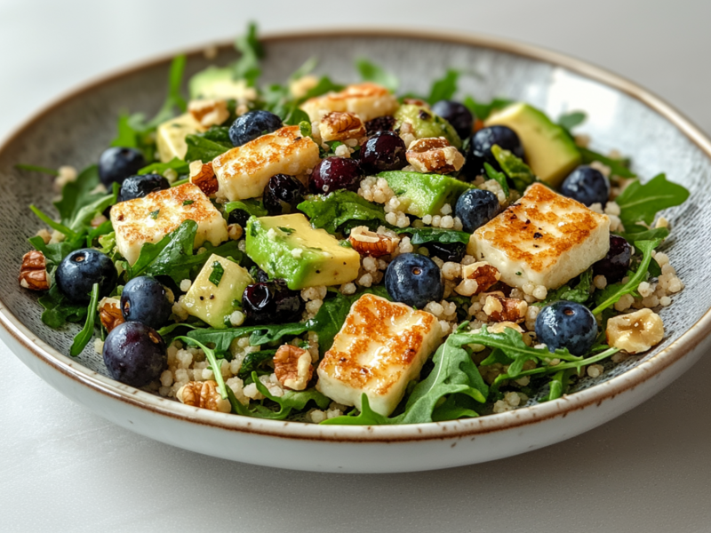 Ein groÃŸer Teller Couscous-Salat mit Halloumi und Blaubeeren. Der Teller steht auf einer hellen ArbeitsflÃ¤che. Im Salat sind auÃŸerdem noch AvocadostÃ¼cke, Rucola und kleine WalnussstÃ¼cke.