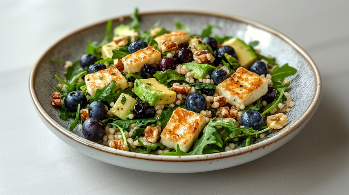 Ein groÃŸer Teller Couscous-Salat mit Halloumi und Blaubeeren. Der Teller steht auf einer hellen ArbeitsflÃ¤che. Im Salat sind auÃŸerdem noch AvocadostÃ¼cke, Rucola und kleine WalnussstÃ¼cke.