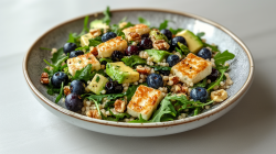 Ein großer Teller Couscous-Salat mit Halloumi und Blaubeeren. Der Teller steht auf einer hellen Arbeitsfläche. Im Salat sind außerdem noch Avocadostücke, Rucola und kleine Walnussstücke.