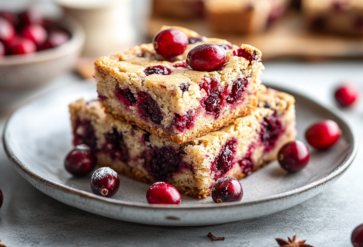 ein paar Cranberry-Blondies auf einem Teller, drumherum frische Cranberrys und einige Zimtstangen. Im Hintergrund eine Schale mit mehr Cranberrys und ein Tablett mit weiteren Blondies.