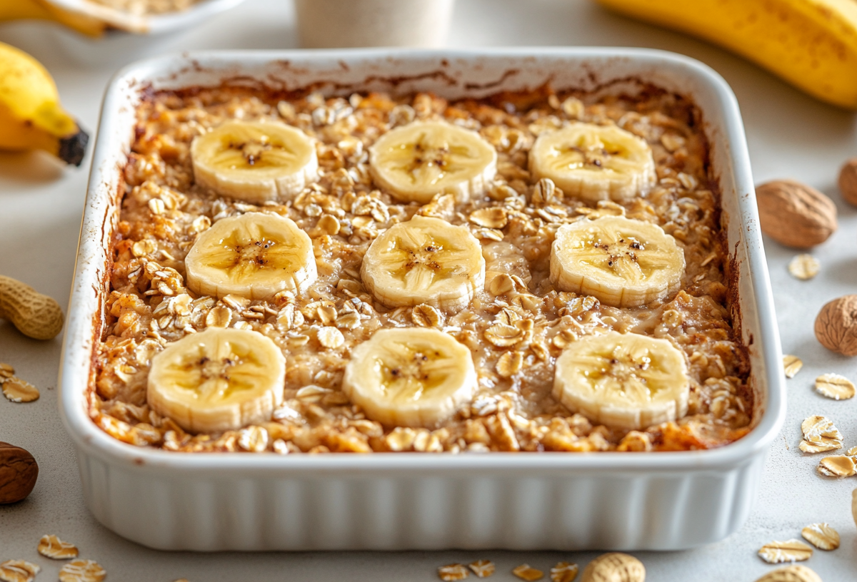 Erdnussbutter-Bananen-Auflauf mit Haferflocken in weißer Auflaufform, belegt mit Bananen. Drumherum Erdnüsse und Bananen.