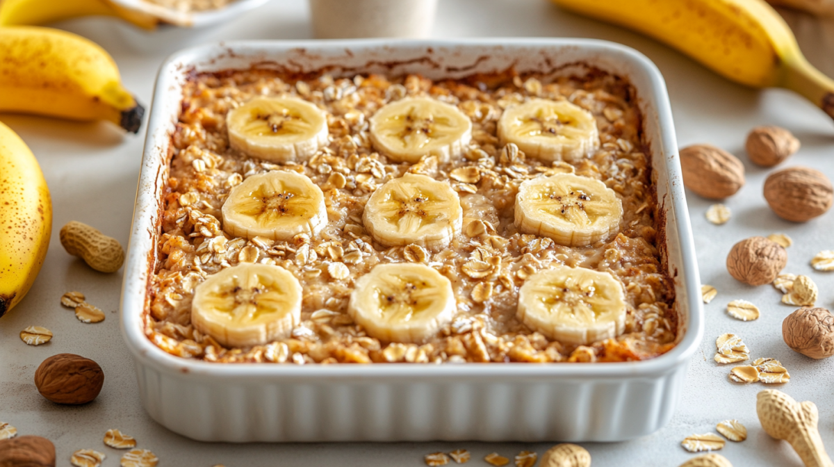 Erdnussbutter-Bananen-Auflauf mit Haferflocken in weißer Auflaufform, belegt mit Bananen. Drumherum Erdnüsse und Bananen.