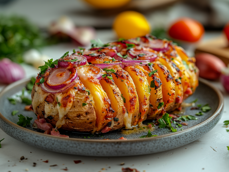 Eine FÃ¤cherkartoffel mit RaclettekÃ¤se, Schinken und roten Zwiebeln auf einem Teller, drumherum frische Zutaten.