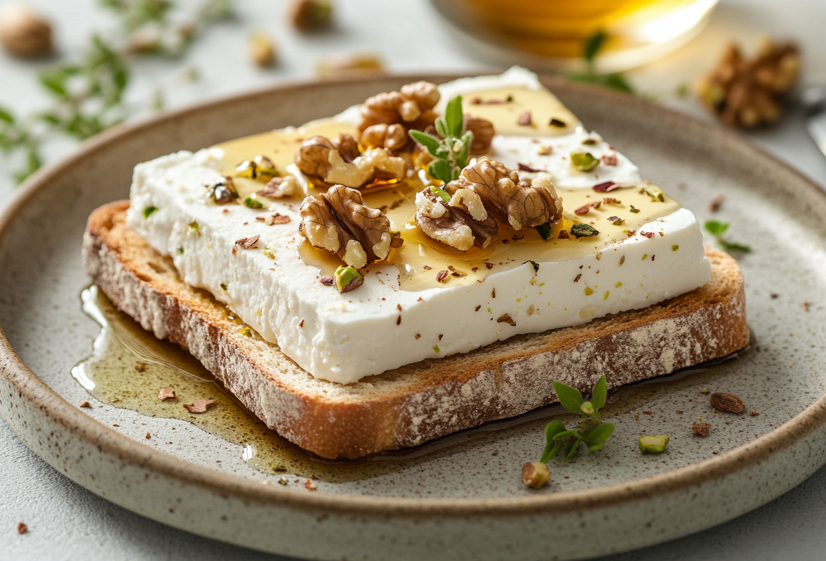 Ein Feta-Toast mit WalnÃ¼ssen und Pistazien auf einem Teller, drumherum Minze und gehackte NÃ¼sse.