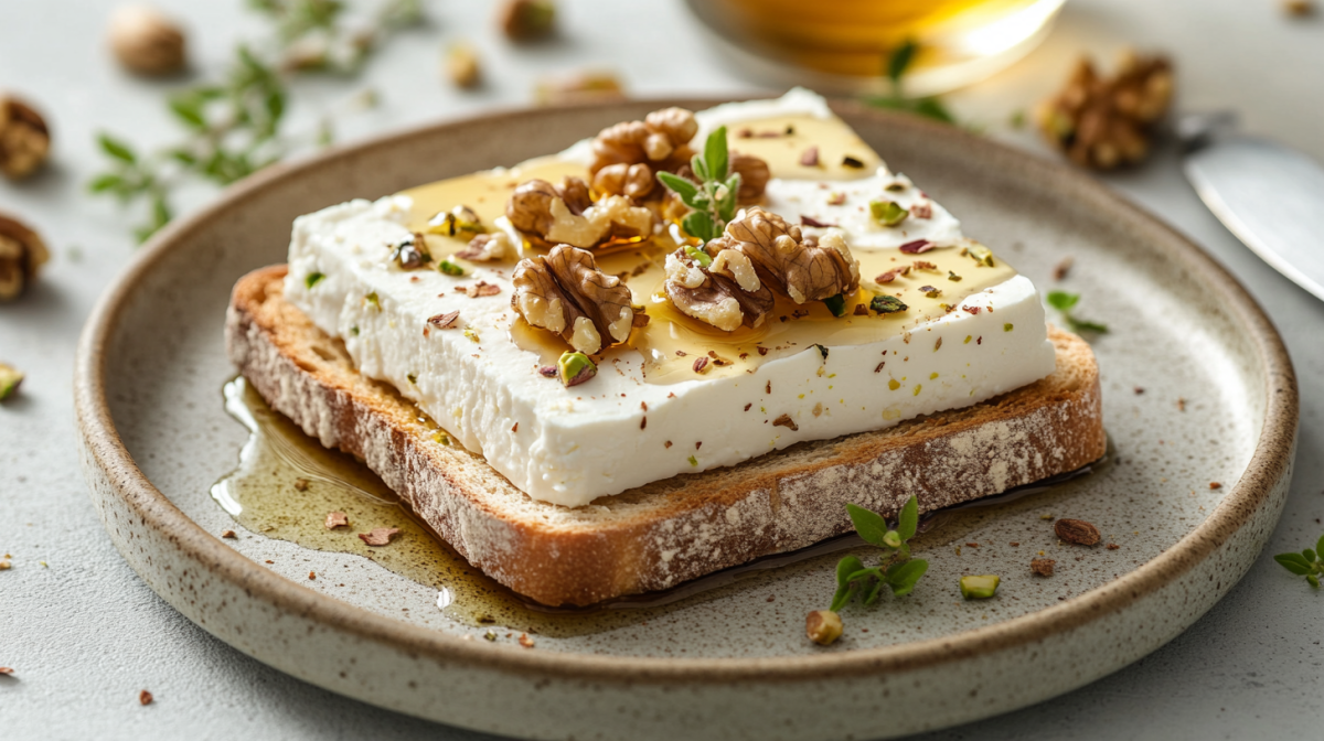 Ein Feta-Toast mit WalnÃ¼ssen und Pistazien auf einem Teller, drumherum Minze und gehackte NÃ¼sse.