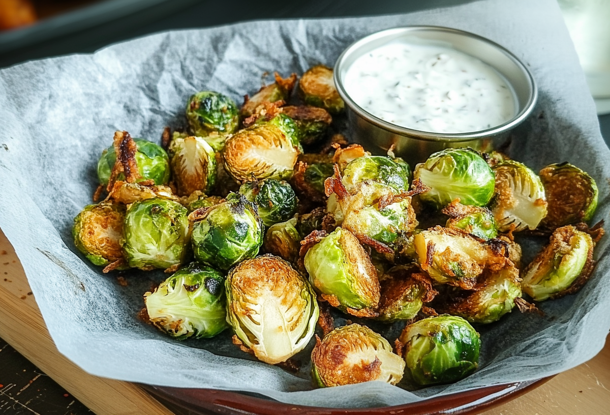 Frittierter Rosenkohl auf einem Stück Backpapier, serviert mit einem Joghurt-Dip.