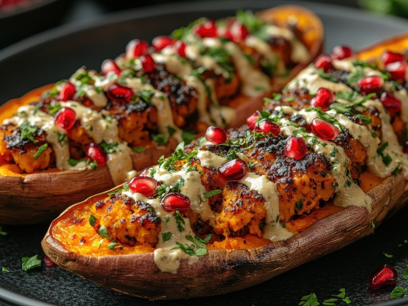 Zwei gefÃ¼llte SÃ¼ÃŸkartoffeln mit TahinisoÃŸe liegen auf einem schwarzen Teller. Sie sind mit Falafel gefÃ¼llt, mit TahinisoÃŸe Ã¼bergossen und mit Granatapfelkernen dekoriert.