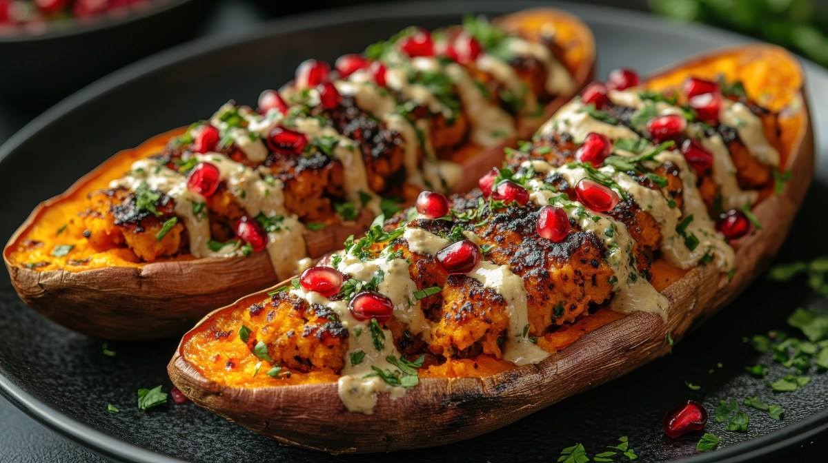 Zwei gefÃ¼llte SÃ¼ÃŸkartoffeln mit TahinisoÃŸe liegen auf einem schwarzen Teller. Sie sind mit Falafel gefÃ¼llt, mit TahinisoÃŸe Ã¼bergossen und mit Granatapfelkernen dekoriert.