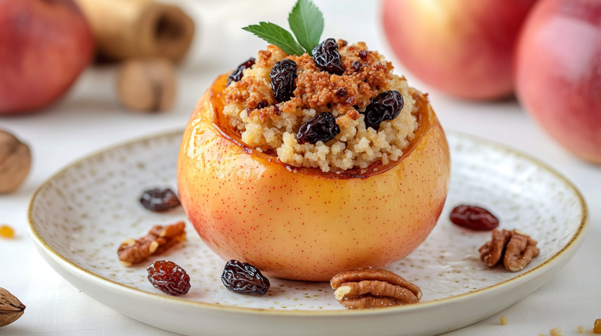 Ein gefÃ¼llter Bratapfel mit Couscous, angerichtet auf einem hellen Teller. Er ist mit Rosinen, einigen NÃ¼ssen sowie gebratenen Zimt-SemmelbrÃ¶seln dekoriert. Ein Minzblatt steckt in der FÃ¼llung. Im Hintergrund liegen weiter Ã„pfel und eine Zimtstange.