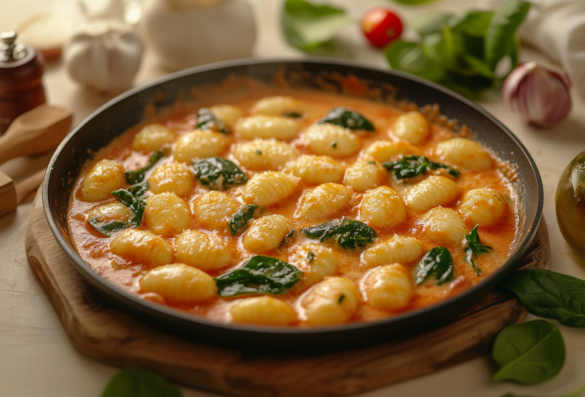 Gnocchi-Pfanne mit Spinat und Käse auf einem tiefen Teller, daneben eine Ölflasche, frischer Spinatblätter und andere Zutaten. Nahaufnahme.