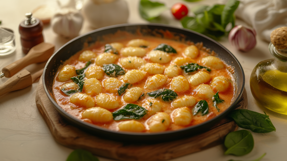 Gnocchi-Pfanne mit Spinat und KÃ¤se auf einem tiefen Teller, daneben eine Ã–lflasche, frischer SpinatblÃ¤tter und andere Zutaten. Nahaufnahme.