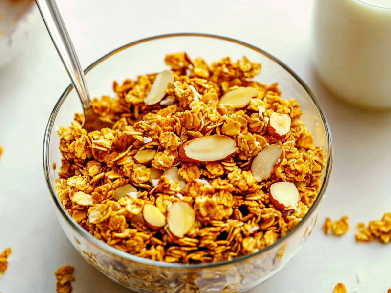 Eine GlasschÃ¼ssel mit Golden-Milk-Granola, das aus Haferflocken, gehackten Mandeln und Kokosflocken besteht und eine leuchten gold-gelbe Farbe hat. Es steckt ein LÃ¶ffel im Granola und es liegt auf der weiÃŸen OberflÃ¤che um die GlasschÃ¼ssel weiteres Granola verstreut. In der rechten oberen Bildecke ist eine Milchflasche zu sehen