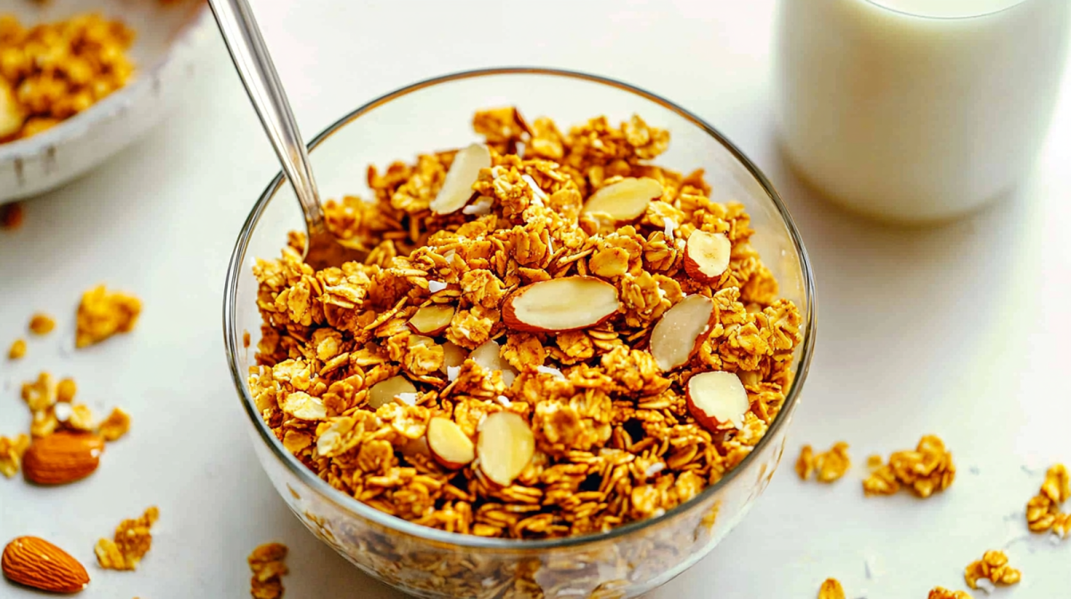 Eine GlasschÃ¼ssel mit Golden-Milk-Granola, das aus Haferflocken, gehackten Mandeln und Kokosflocken besteht und eine leuchten gold-gelbe Farbe hat. Es steckt ein LÃ¶ffel im Granola und es liegt auf der weiÃŸen OberflÃ¤che um die GlasschÃ¼ssel weiteres Granola verstreut. In der rechten oberen Bildecke ist eine Milchflasche zu sehen