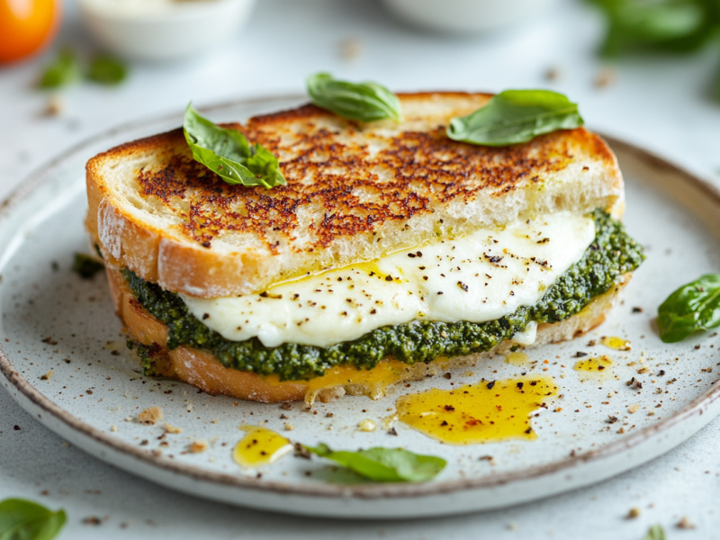 Ein Grilled Cheese mit Mozzarella und Spinat auf einem Teller, drumherum SpinatblÃ¤tter und weitere Zutaten.