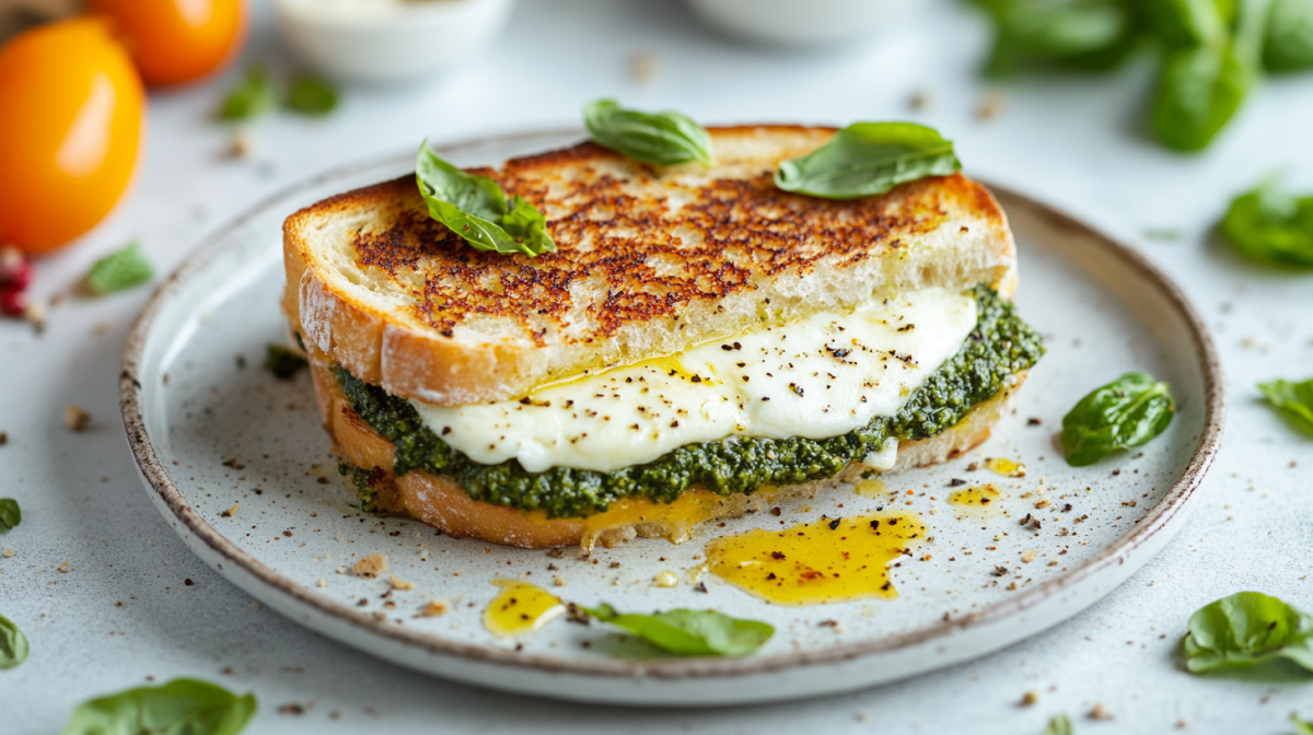 Ein Grilled Cheese mit Mozzarella und Spinat auf einem Teller, drumherum SpinatblÃ¤tter und weitere Zutaten.