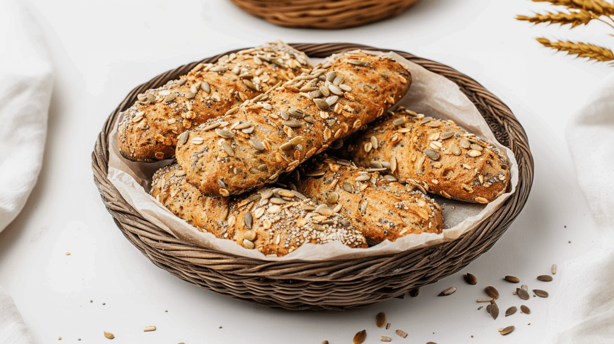 Ein Brotkorb aus Holz mit einigen goldbraun gebackenen Haferflocken-Stangen, die mit verschiedenen Kernen und Samen ummantelt sind. Der Brotkorb steht auf einem hellen, ringsum liegen Kerne verstreut. Im Hintergrund ist verschwommen ein kleines StÃ¼ck eines weiteren Brotkorbs zu sehen.