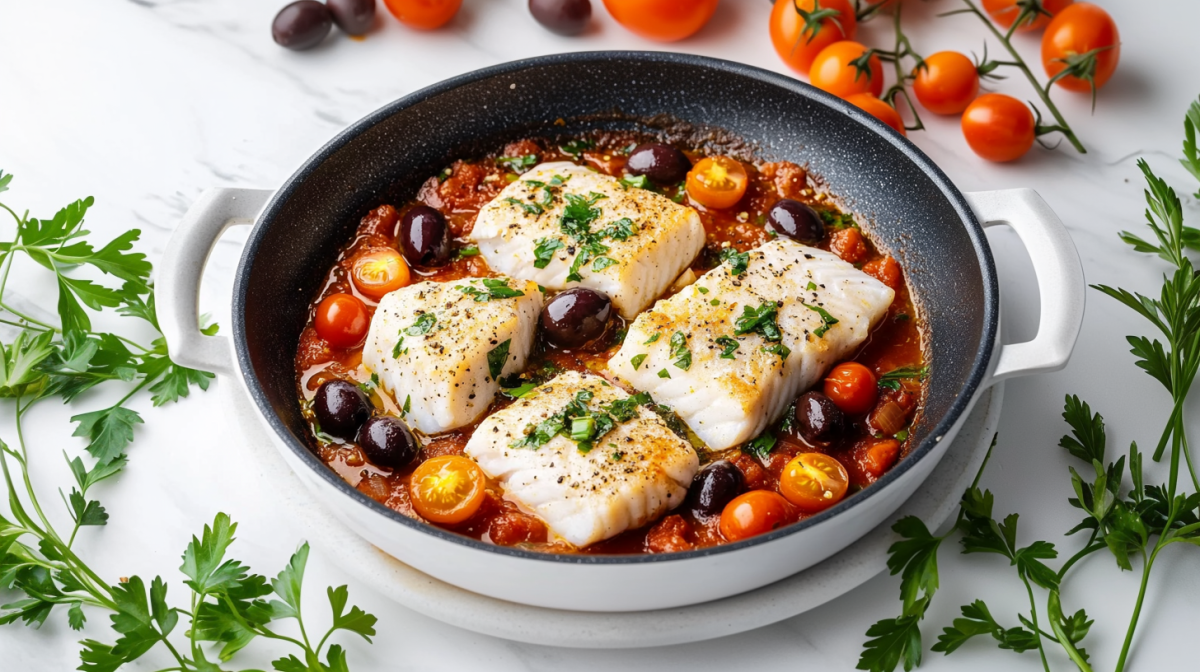 Eine italienische Fischpfanne mit TomatensoÃŸe, Tomaten und Oliven in einer Pfanne, drumherum KrÃ¤uter und Tomaten.