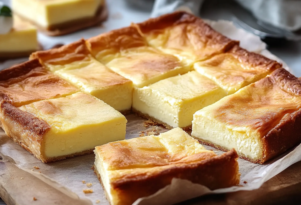 Käsekuchen mit Blätterteig vom Blech, in quadratische Stücke geschnitten.