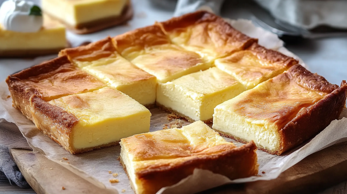 KÃ¤sekuchen mit BlÃ¤tterteig vom Blech, in quadratische StÃ¼cke geschnitten.