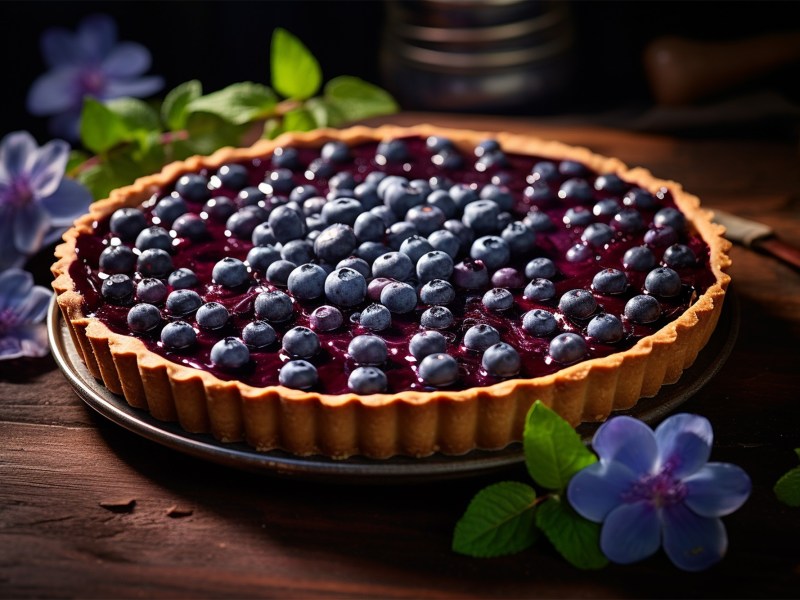 Runder KÃ¤sekuchen mit Mohn und Blaubeeren in dunkler Umgebung. Im Vorder- und Hintergrund liegen einige BlÃ¼ten zur Dekoration.