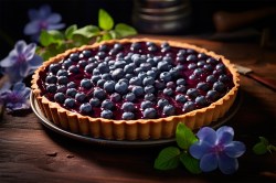 Runder Käsekuchen mit Mohn und Blaubeeren in dunkler Umgebung. Im Vorder- und Hintergrund liegen einige Blüten zur Dekoration.