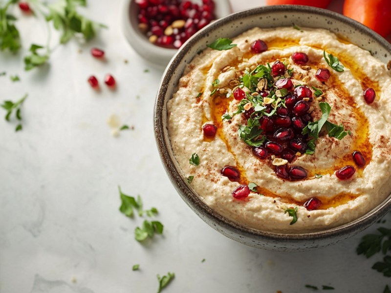 Schale mit MÃ¶hren-FrischkÃ¤se-Dip mit gehackten Pistazien und Granatapfelkernen on Top.