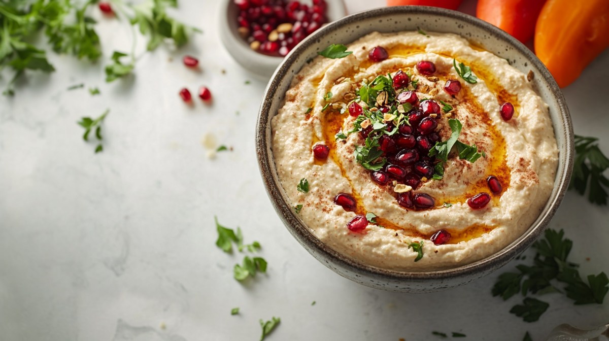 Schale mit MÃ¶hren-FrischkÃ¤se-Dip mit gehackten Pistazien und Granatapfelkernen on Top.