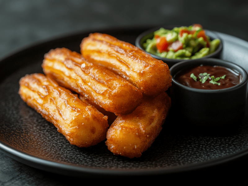 Vier Kartoffel-Churros liegen auf einem schlichten schwarzen Teller. Rechts neben ihnen steht eine Schale mit SchokosoÃŸe und eine Schale mit frische Guacamole.