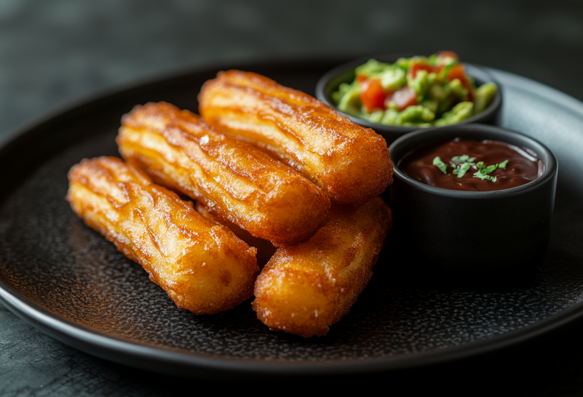 Vier Kartoffel-Churros liegen auf einem schlichten schwarzen Teller. Rechts neben ihnen steht eine Schale mit Schokosoße und eine Schale mit frische Guacamole.