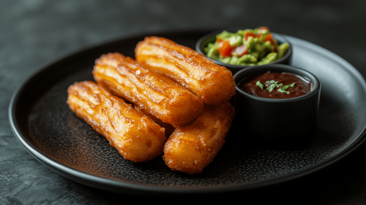 Vier Kartoffel-Churros liegen auf einem schlichten schwarzen Teller. Rechts neben ihnen steht eine Schale mit SchokosoÃŸe und eine Schale mit frische Guacamole.