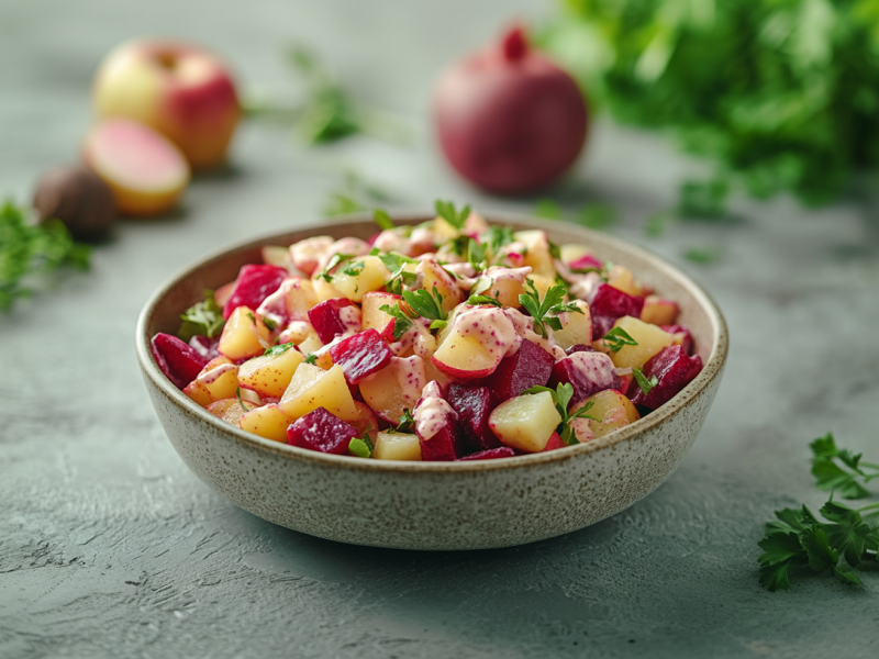 Eine Schale Kartoffel-Rote-Salat mit Meerrettichdressing steht in einer grauen SchÃ¼ssel auf einem grauen Untergrund. Der Salat ist mit frischer Petersilie angerichtet. Im Hintergrund liegt noch ein Apfel sowie eine rote Beete und mehr Petersilie.