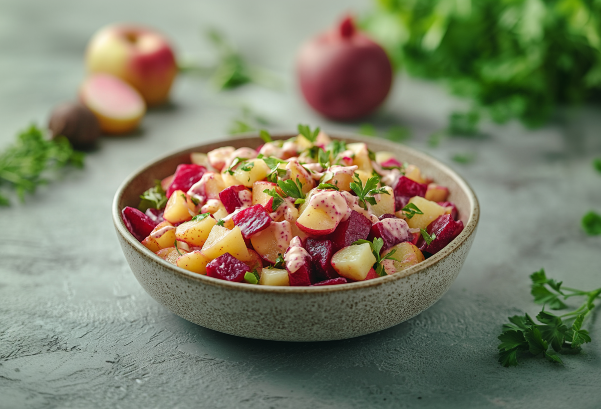 Eine Schale Kartoffel-Rote-Salat mit Meerrettichdressing steht in einer grauen Schüssel auf einem grauen Untergrund. Der Salat ist mit frischer Petersilie angerichtet. Im Hintergrund liegt noch ein Apfel sowie eine rote Beete und mehr Petersilie.