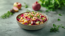 Eine Schale Kartoffel-Rote-Salat mit Meerrettichdressing steht in einer grauen Schüssel auf einem grauen Untergrund. Der Salat ist mit frischer Petersilie angerichtet. Im Hintergrund liegt noch ein Apfel sowie eine rote Beete und mehr Petersilie.