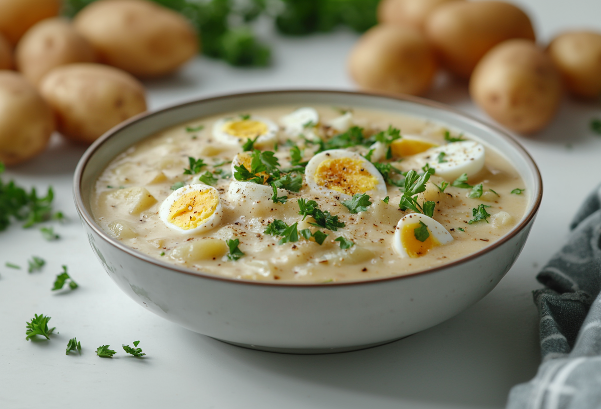 Eine SchÃ¼ssel Kartoffelsuppe mit Ei, garniert mit Petersilie. Im Hintergrund unscharf einige Kartoffeln.