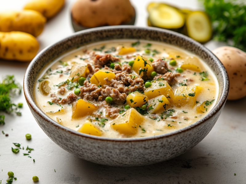 Eine SchÃ¼ssel KÃ¤sesuppe mit GewÃ¼rzgurken, Hackfleisch und Kartoffeln. Drumherum einige Zutaten.