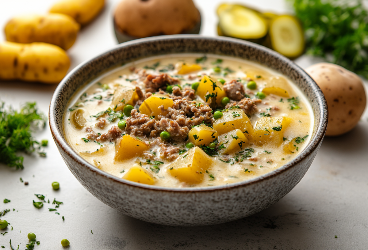 Eine Schüssel Käsesuppe mit Gewürzgurken, Hackfleisch und Kartoffeln. Drumherum einige Zutaten.