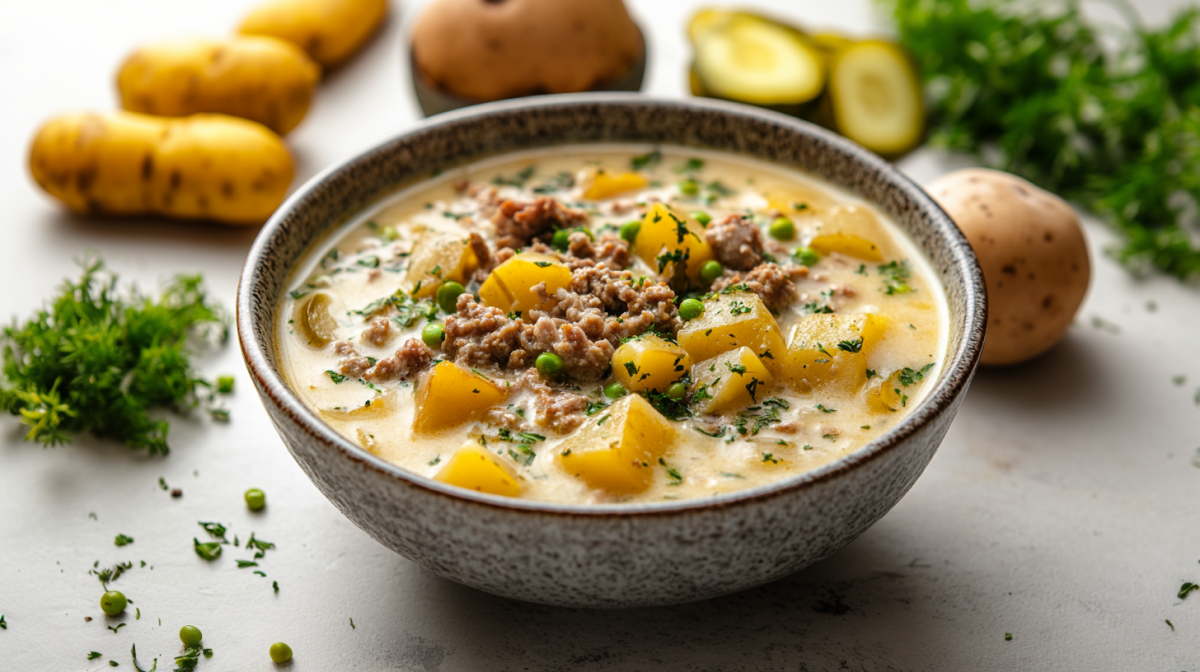 Eine SchÃ¼ssel KÃ¤sesuppe mit GewÃ¼rzgurken, Hackfleisch und Kartoffeln. Drumherum einige Zutaten.